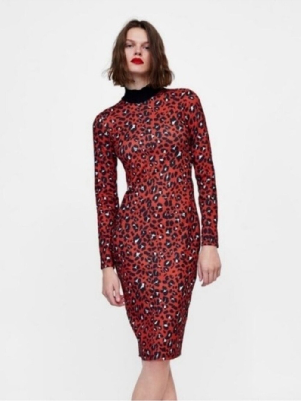 Zara Red Leopard Print Long Sleeve Midi Dress Size S
